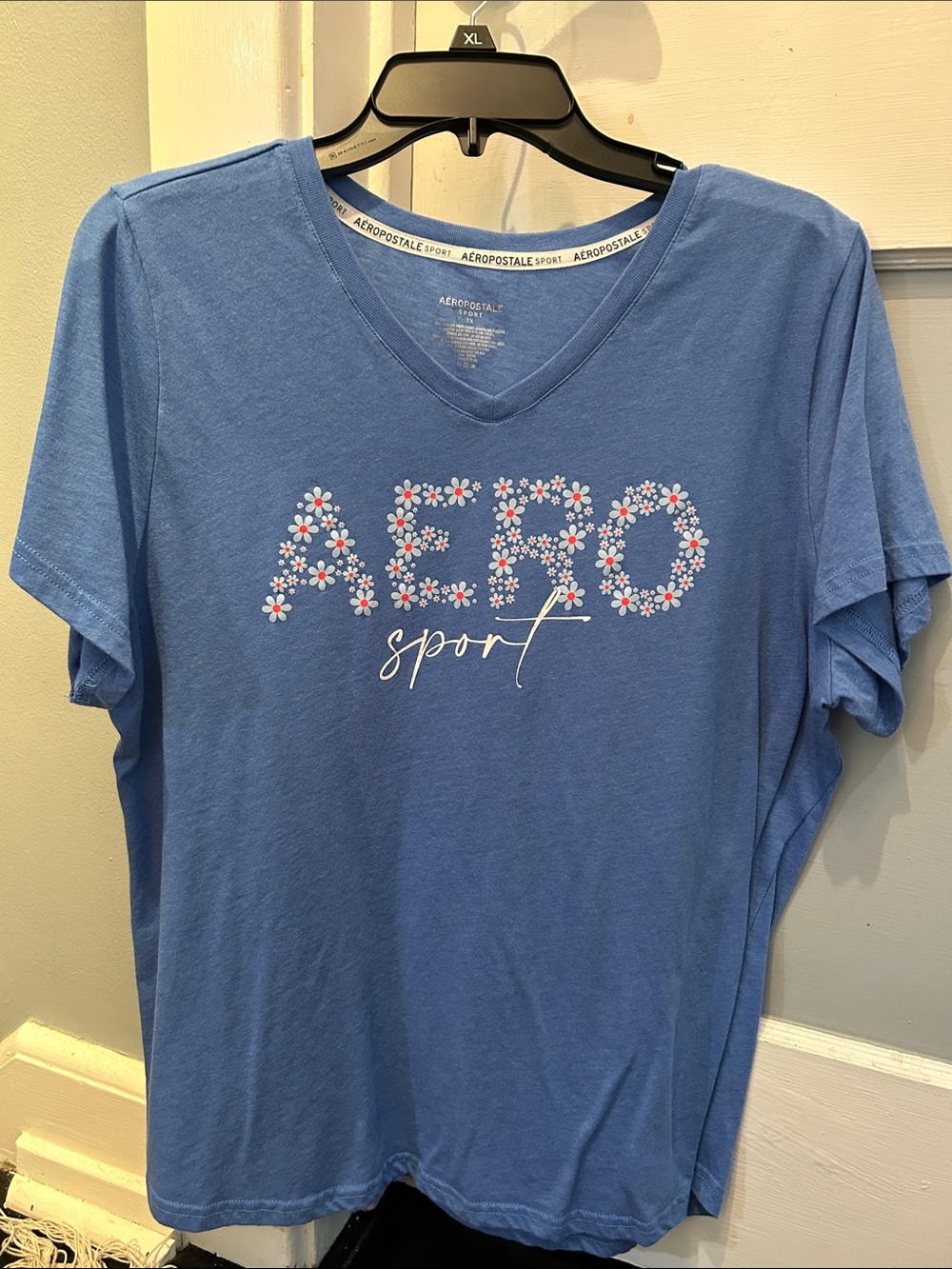 Aeropostale Blue V-Neck Tee with Floral 'AERO' Logo